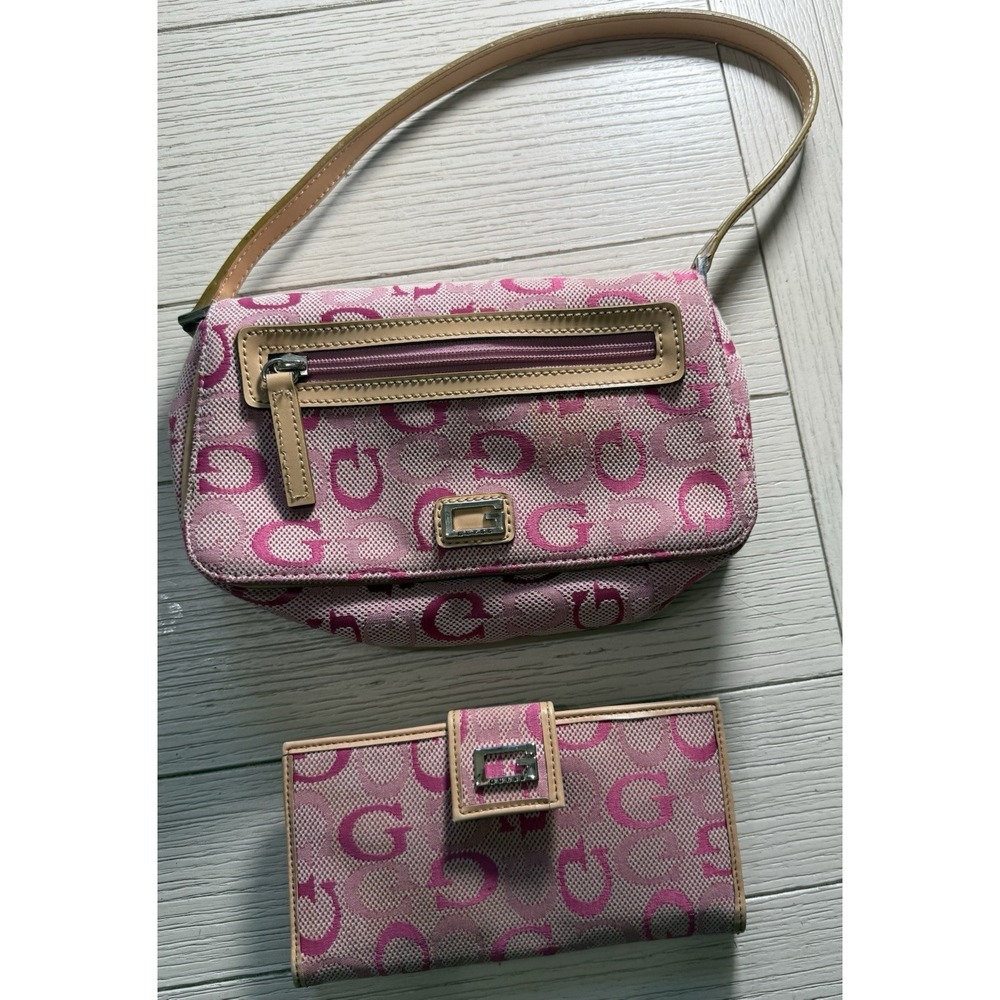Vtg 90s Guess Pink Coquette Wallet & Mini Shoulder Handbag Logo Monogram Canvas